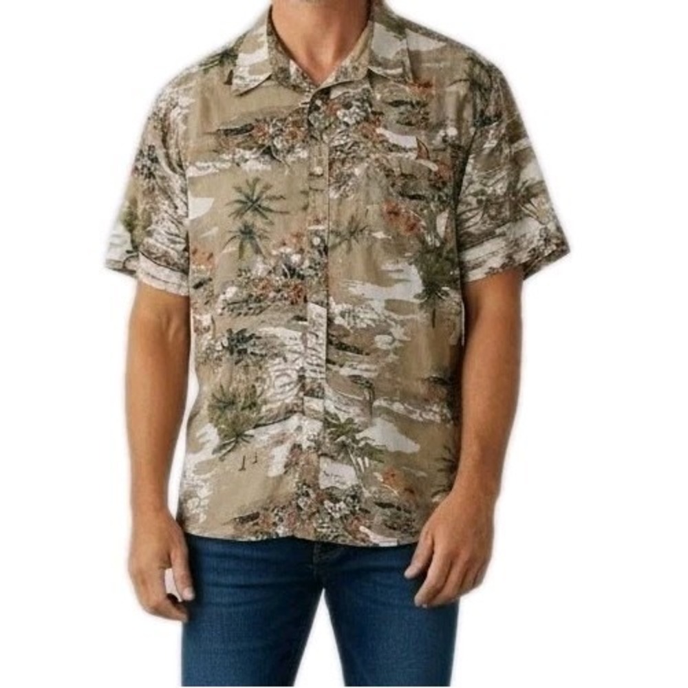Foundry Hawaiian Short Sleeve Dinner Shirt Men Sz 2XL Taupe Cotton Tropical Palm